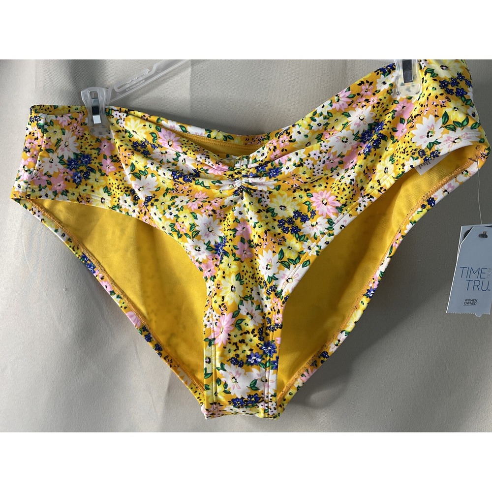 Time Tru Womens 1X Yellow Floral Bikini Bottoms Ruched High Waist Swimwear NEW